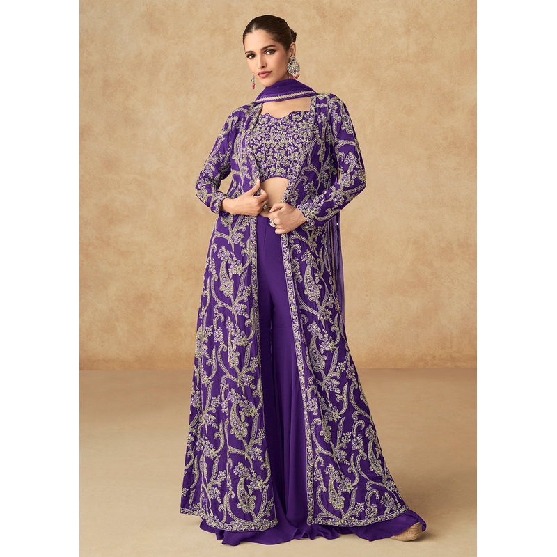 Violet Purple Embroidered Jacket Style Palazzo Suit