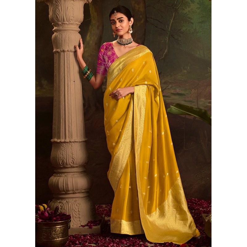 Yellow Pure Crepe Dola Silk Wedding Festive Saree