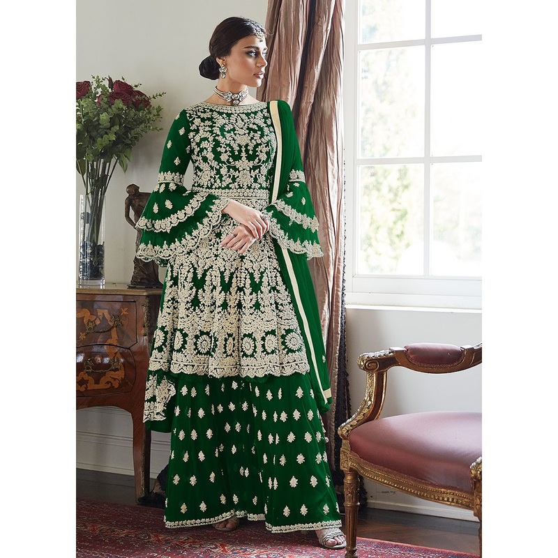 Adorable Green Trendy Bell Sleeved Embroidered Sharara