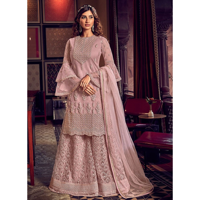 Adorable Mauve Embroidered Party Wear Sharara Suit