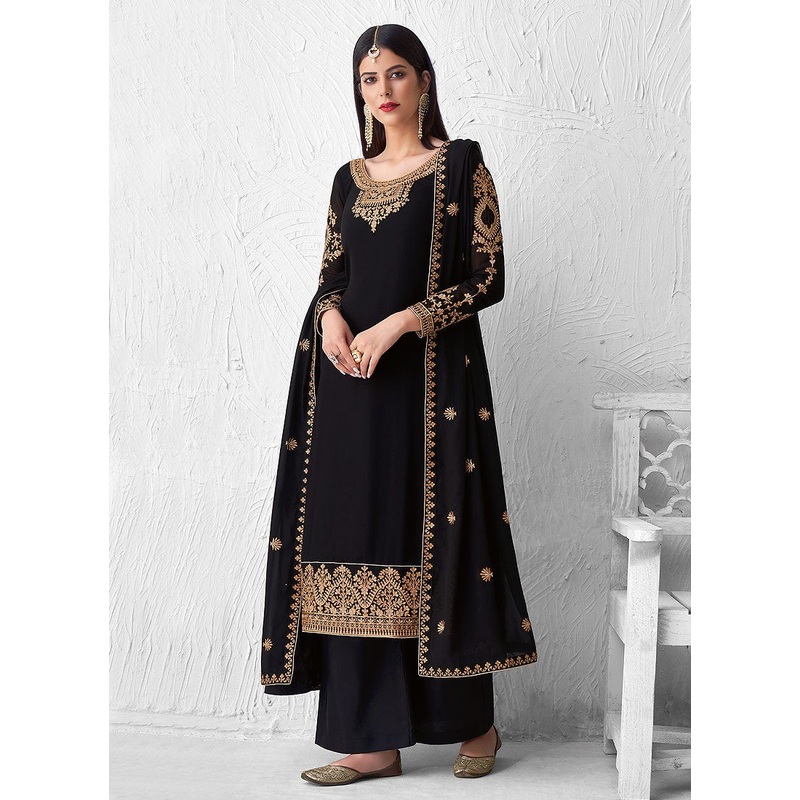 Alluring Black Embroidered Georgette Palazzo Suit