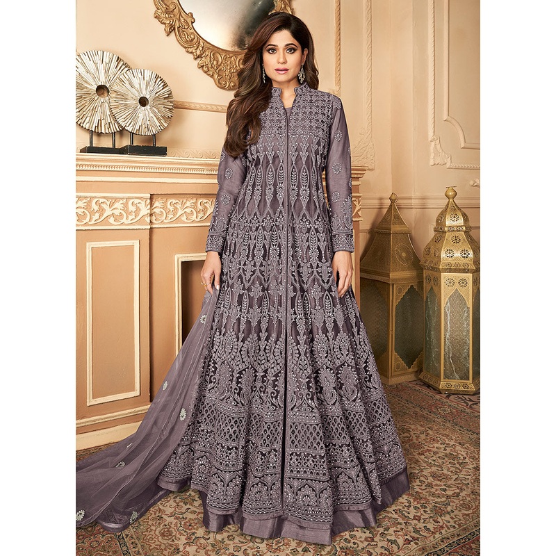 Alluring Dark Grey Shamita Shetty Designer Anarkali