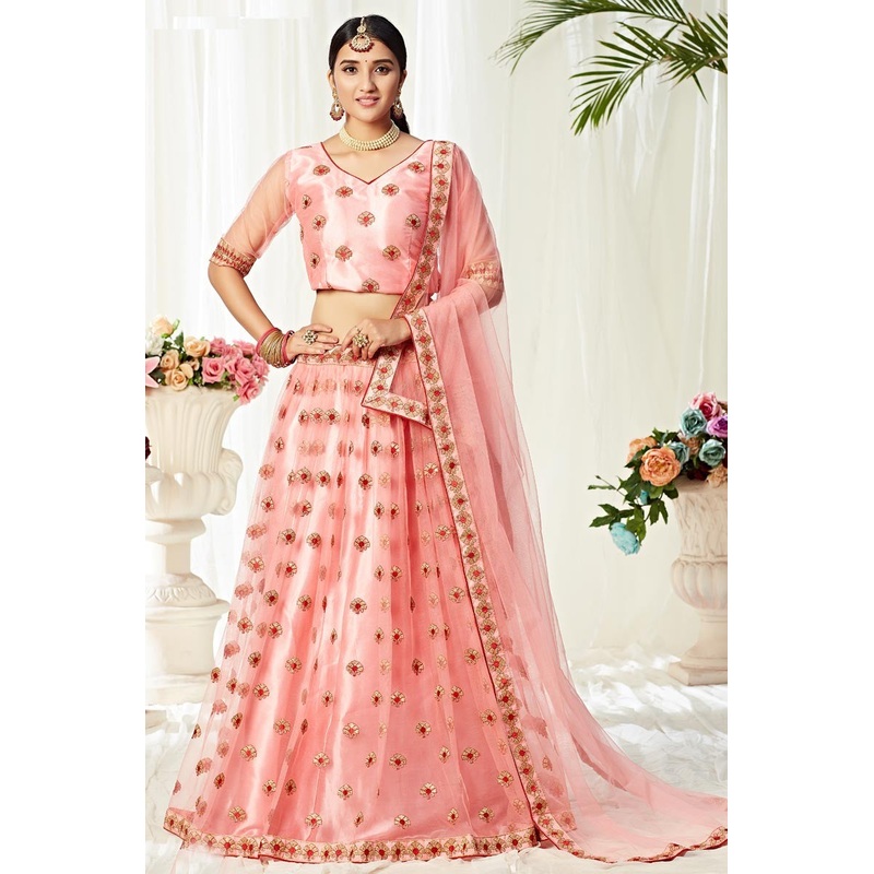 Alluring Peach Thread Embroidered A-Line Lehenga Choli