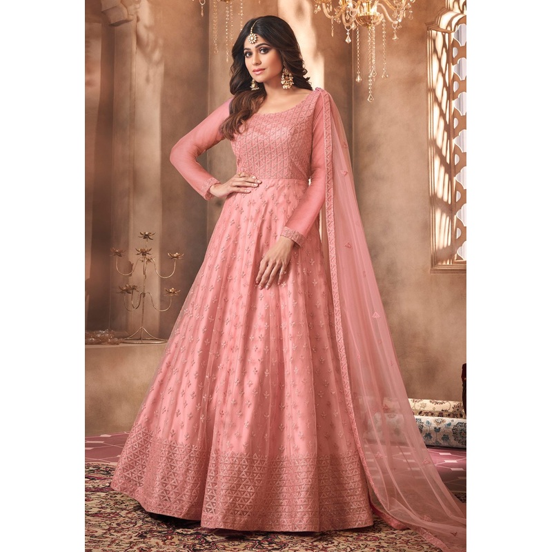 Alluring Pink Shamita Shetty Net Floor Length Anarkali Suit