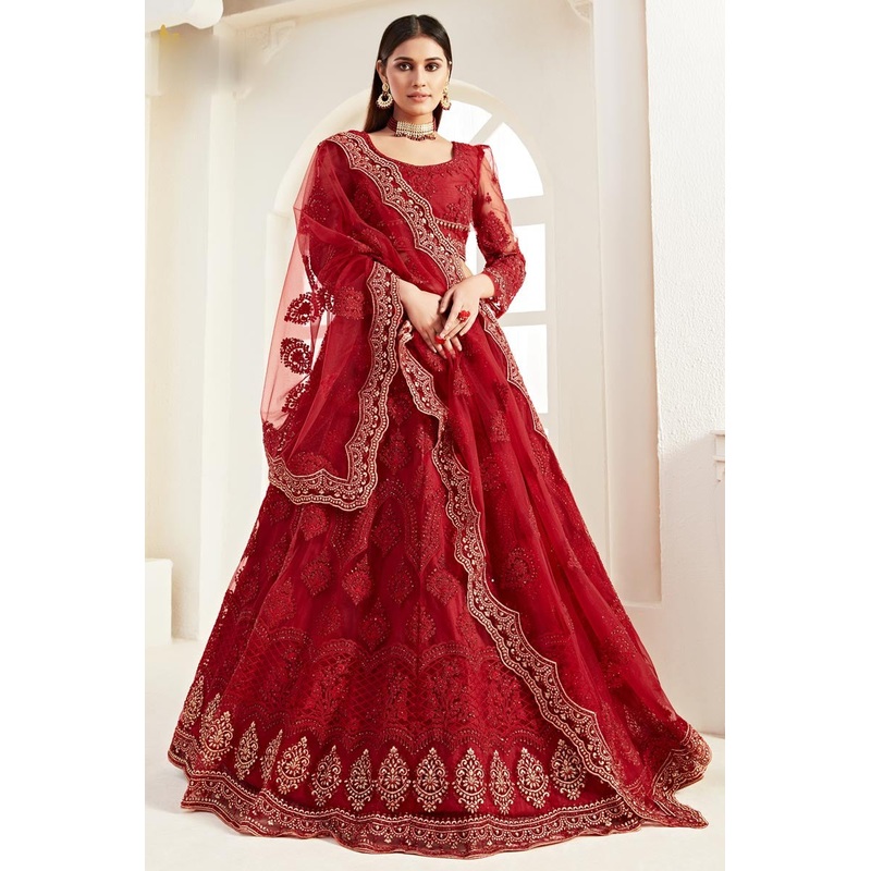Alluring Red Net Embroidered Wedding Lehenga Choli