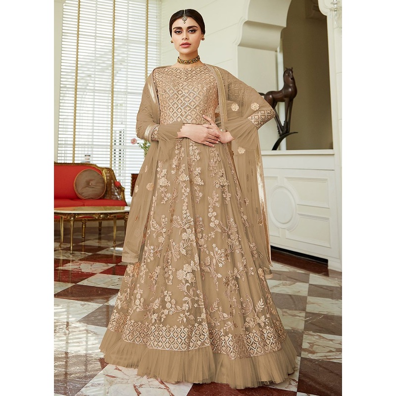 Amazing Beige Frilled Cuffs Net Lehenga Style Anarkali Suit