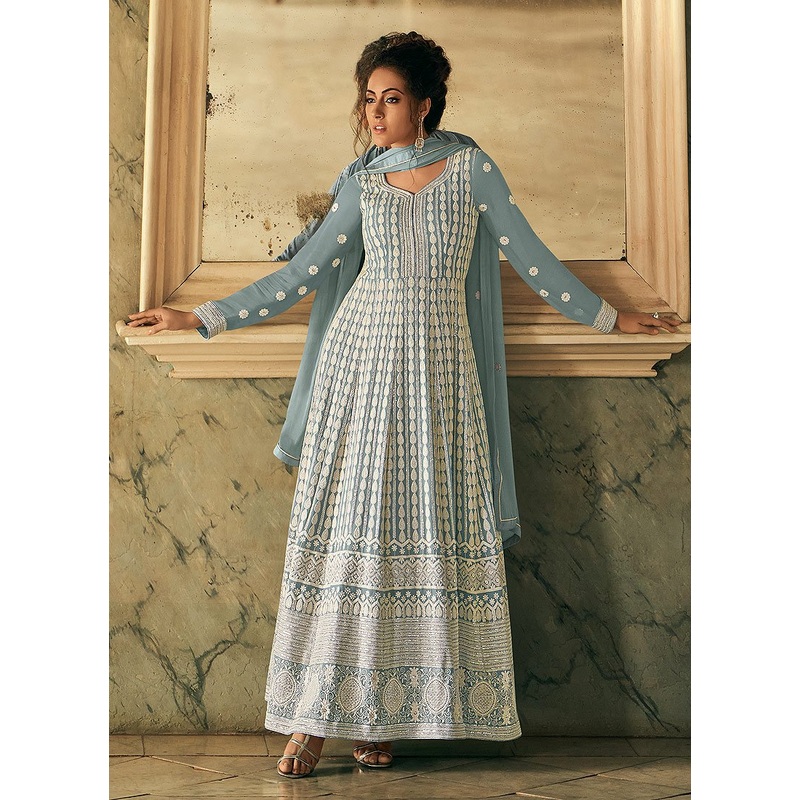 Appealing Blue Georgette Chikankari Embroidered Anarkali