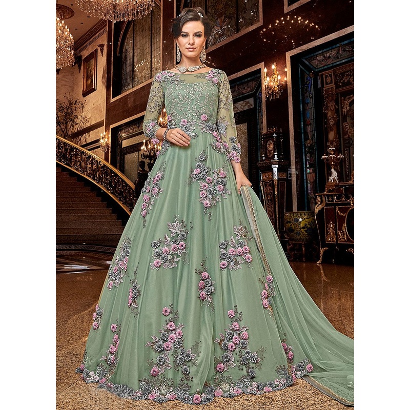 Artistic Green Floral Embroidered Designer Net Anarkali Suit