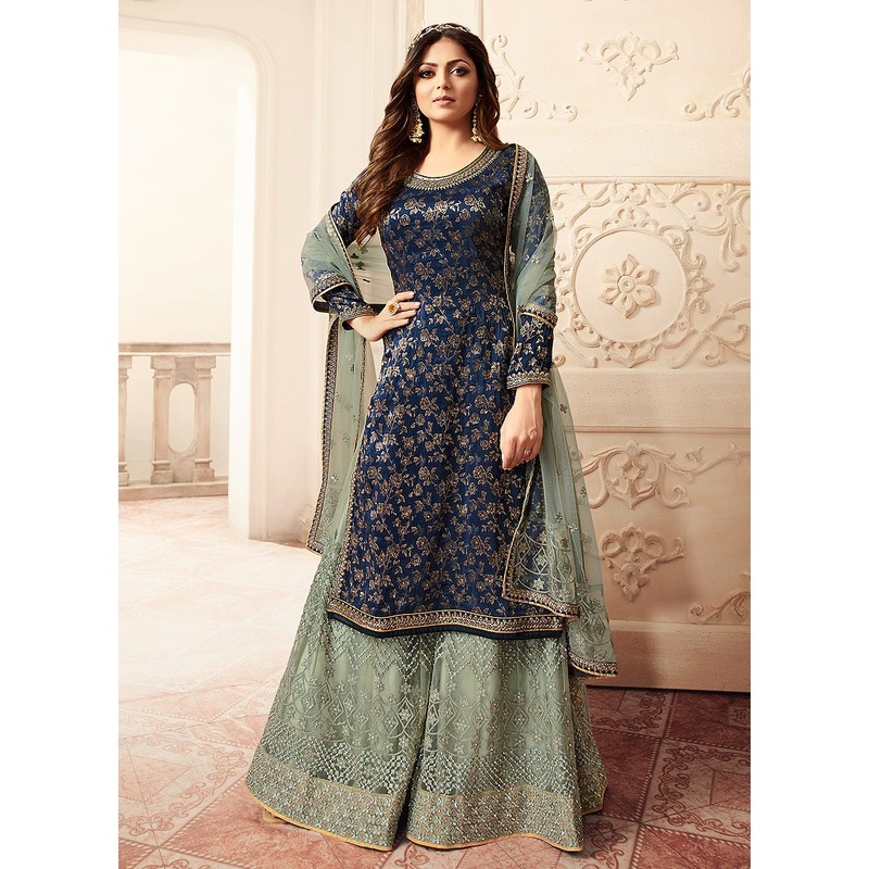 Attractive Blue Embroidered Designer Jacquard Sharara Suit