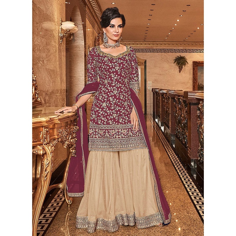 Attractive Maroon Floral Embroidered Straight Cut Sharara Suit