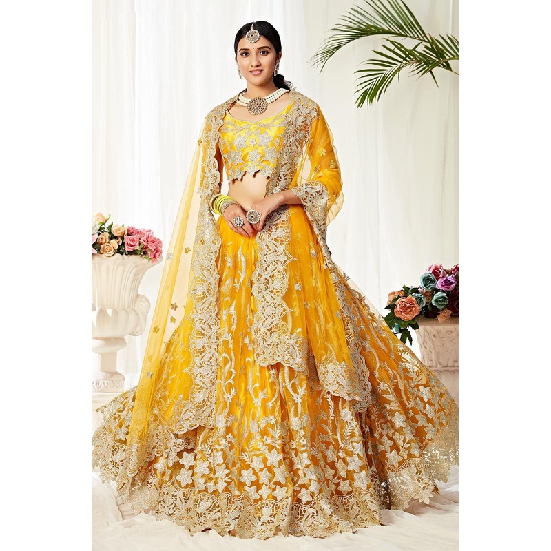 Attractive Yellow Thread Embroidered A-Line Lehenga Choli