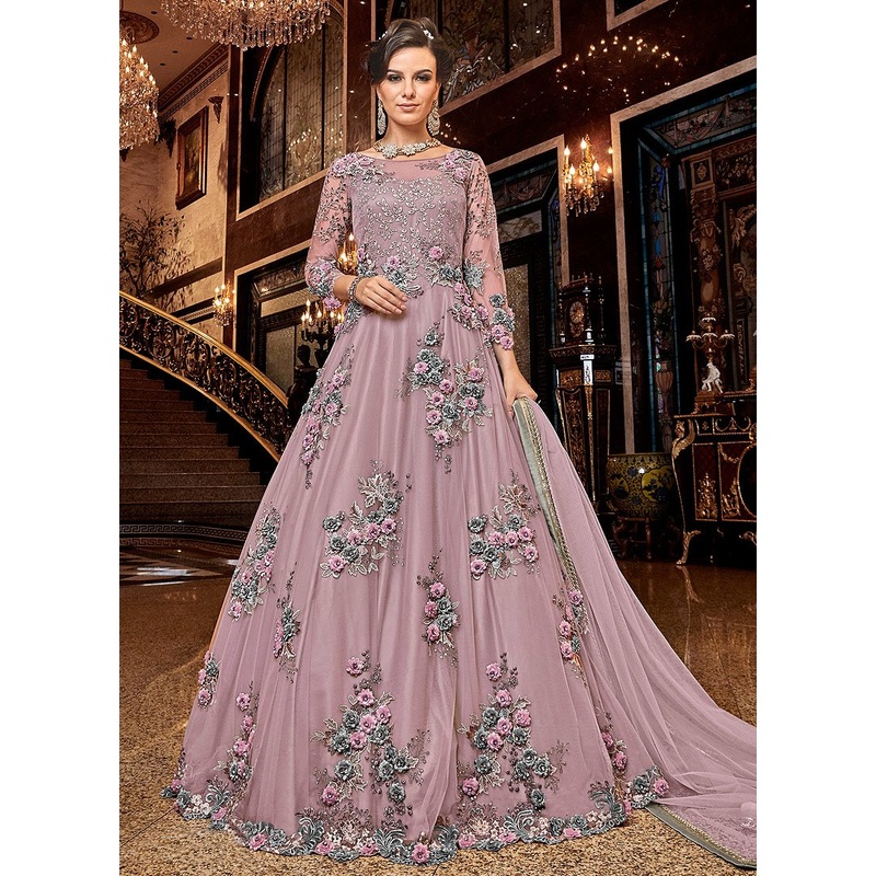 Barbie Pink Floral Embroidered Designer Net Anarkali Suit