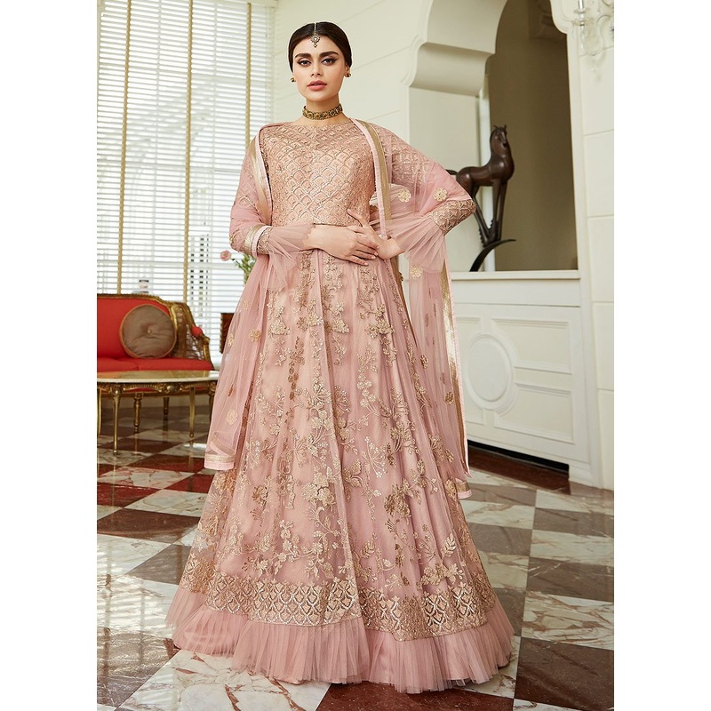 Barbie Pink Frilled Cuffs Net Lehenga Style Anarkali Suit