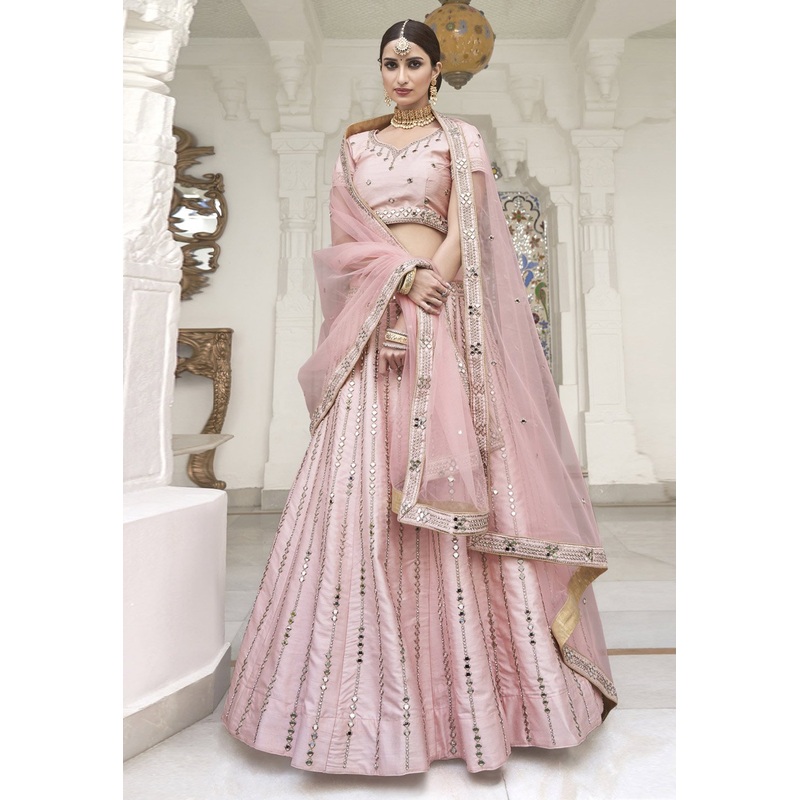 Barbie Pink Mirror Work Embroidered Wedding Lehenga Choli