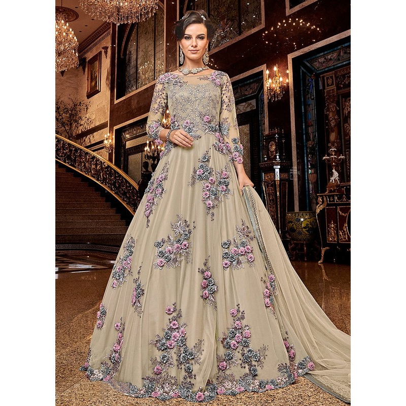 Beauteous Beige Floral Embroidered Designer Net Anarkali Suit
