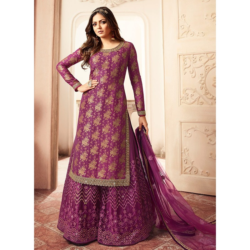 Beauteous Purple Embroidered Designer Jacquard Sharara Suit