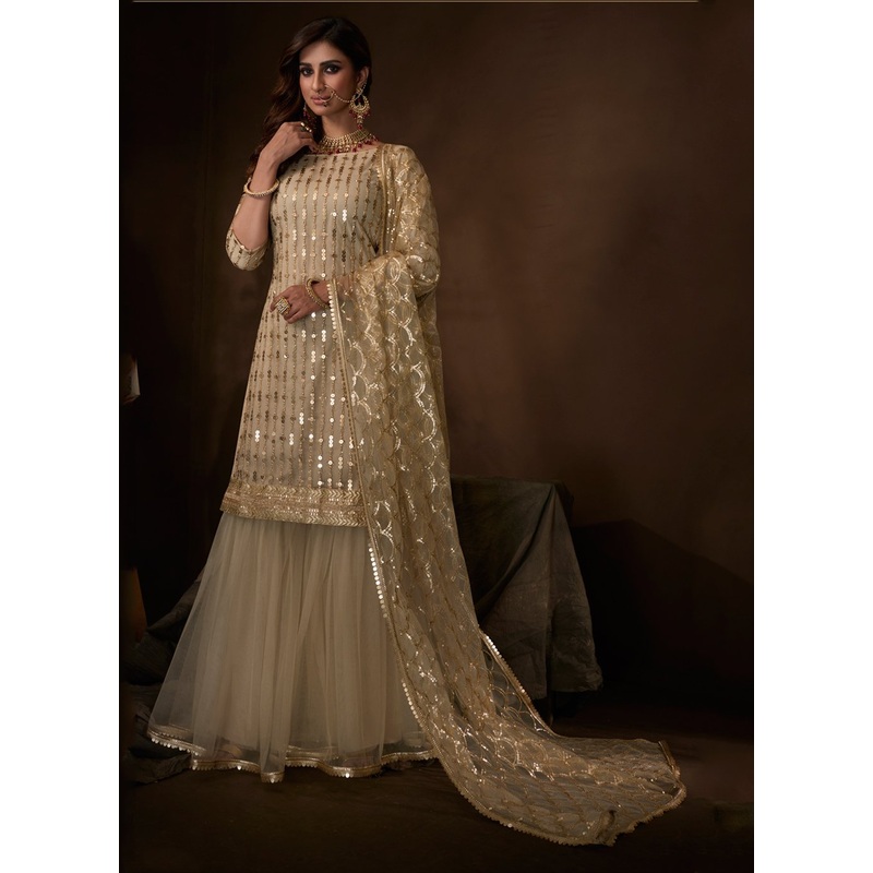 Beige Color Embroidered Designer Net Palazzo Salwar Kameez