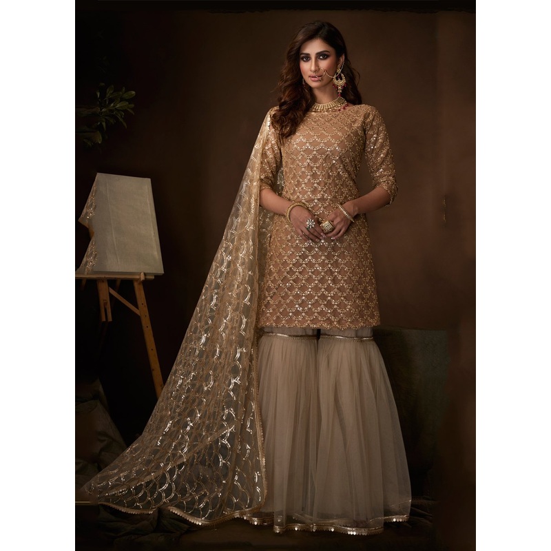 Beige Color Embroidered Designer Net Palazzo Suit