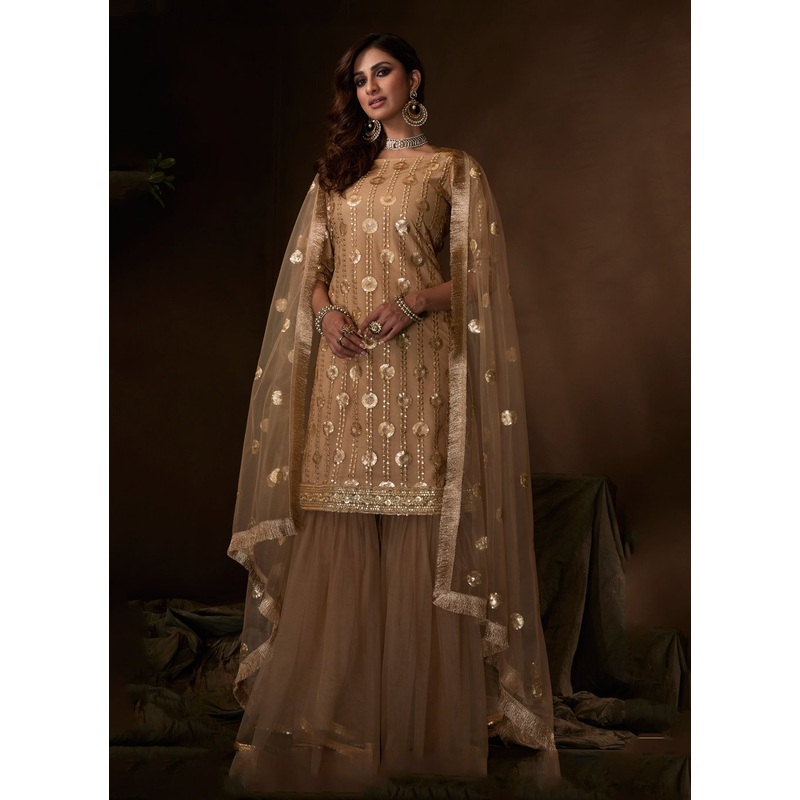 Beige Color Embroidered & Sequin Designer Net Palazzo Suit