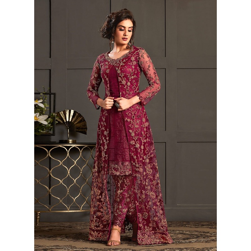 Bewitching Maroon Embroidered Net Jacket Style Suit