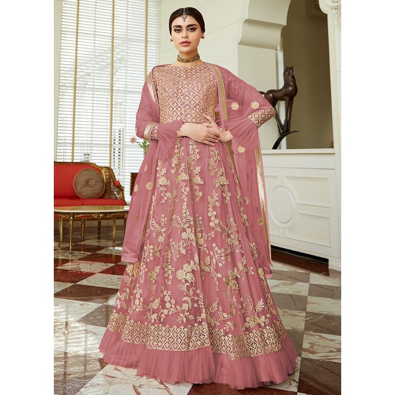 Blush Pink Frilled Cuffs Net Lehenga Style Anarkali Suit