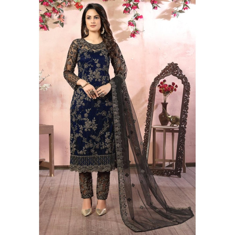 Brilliant Blue Embroidered Net Pant Style Suit
