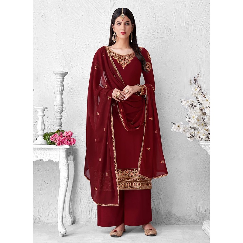 Captivating Maroon Embroidered Georgette Palazzo Suit