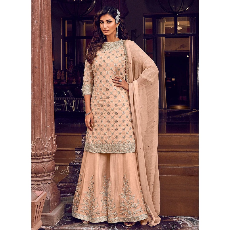 Captivating Peach Embroidered Party Wear Sharara Suit