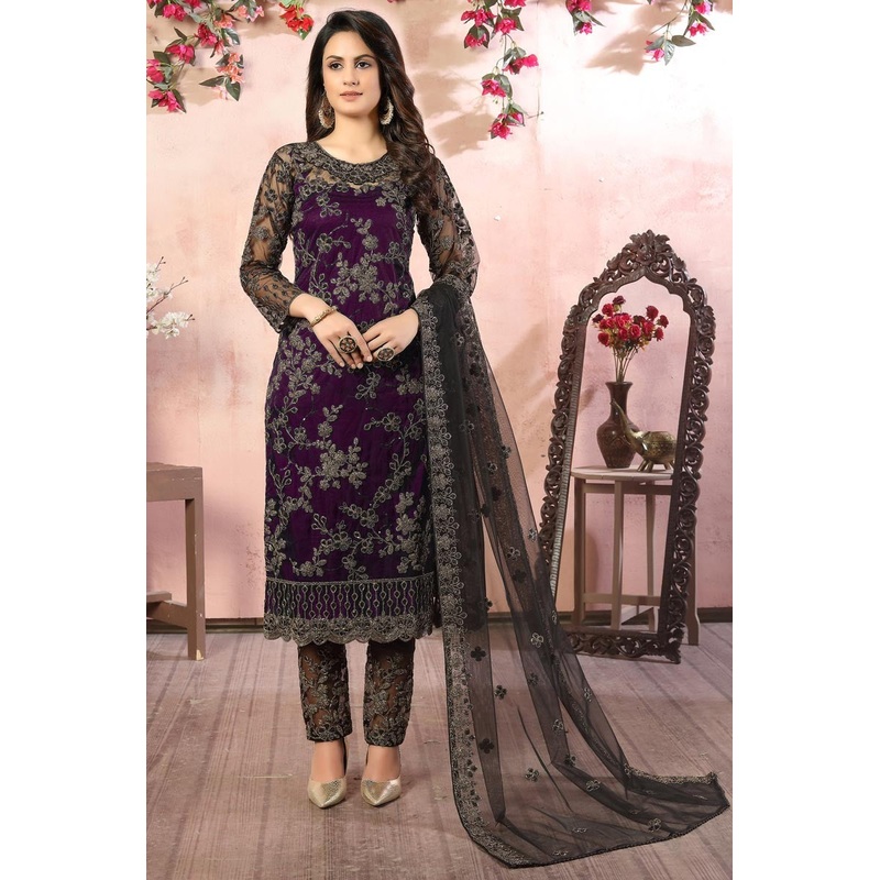 Charming Purple Embroidered Net Pant Style Suit