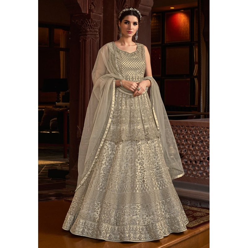 Classic Off-White Net Embroidered Designer Anarkali Suit
