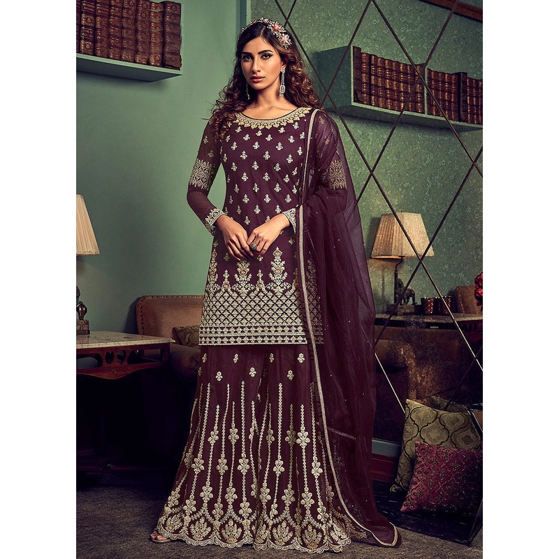 Classy Wine Embroidered Party Wear Sharara Suit