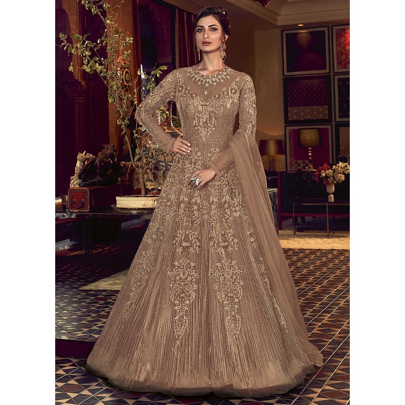 Copper Brown Heavy Embroidered Net Anarkali Suit