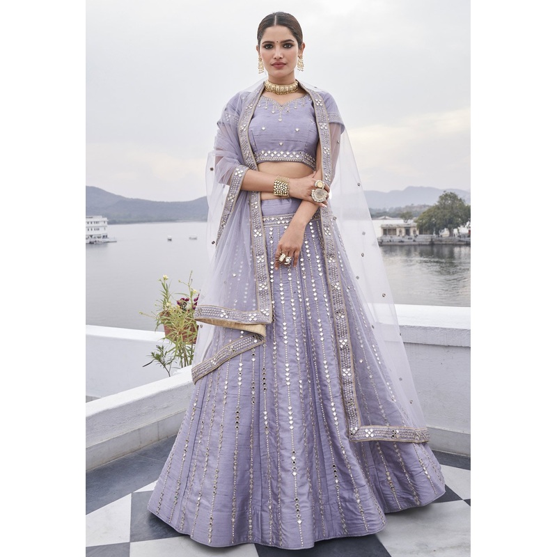 Cute Lavender Mirror Work Embroidered Wedding Lehenga Choli