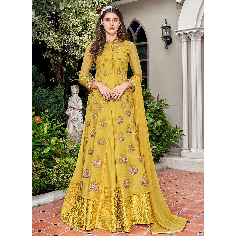 Cute Yellow Glass Tissue Jacket Style Anarkali