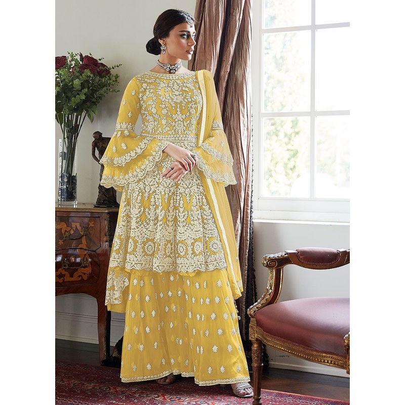 Cute Yellow Trendy Bell Sleeved Embroidered Sharara