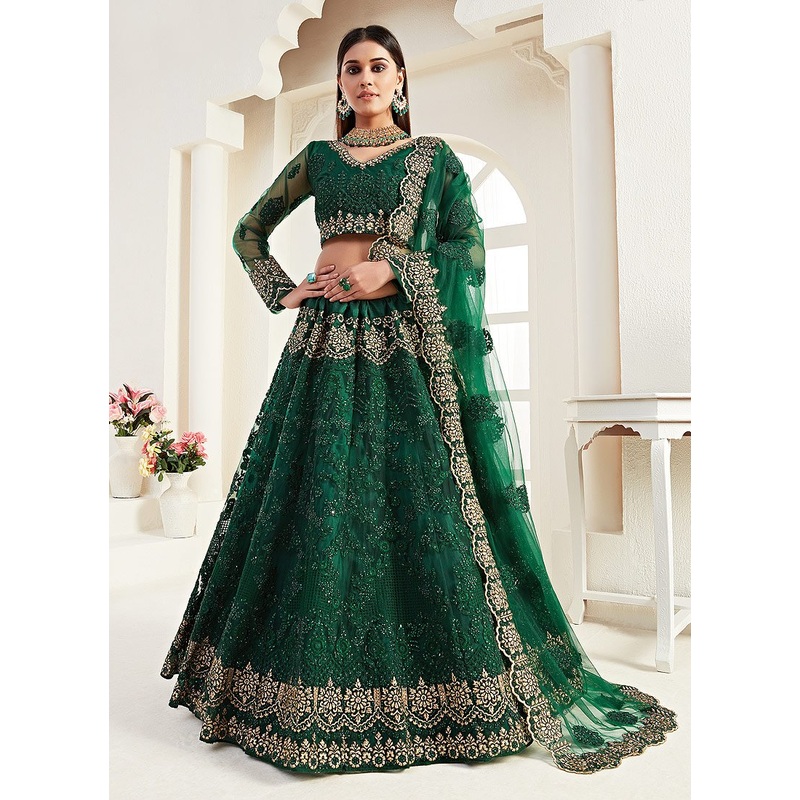 Dark Green Net Embroidered Wedding Lehenga Choli