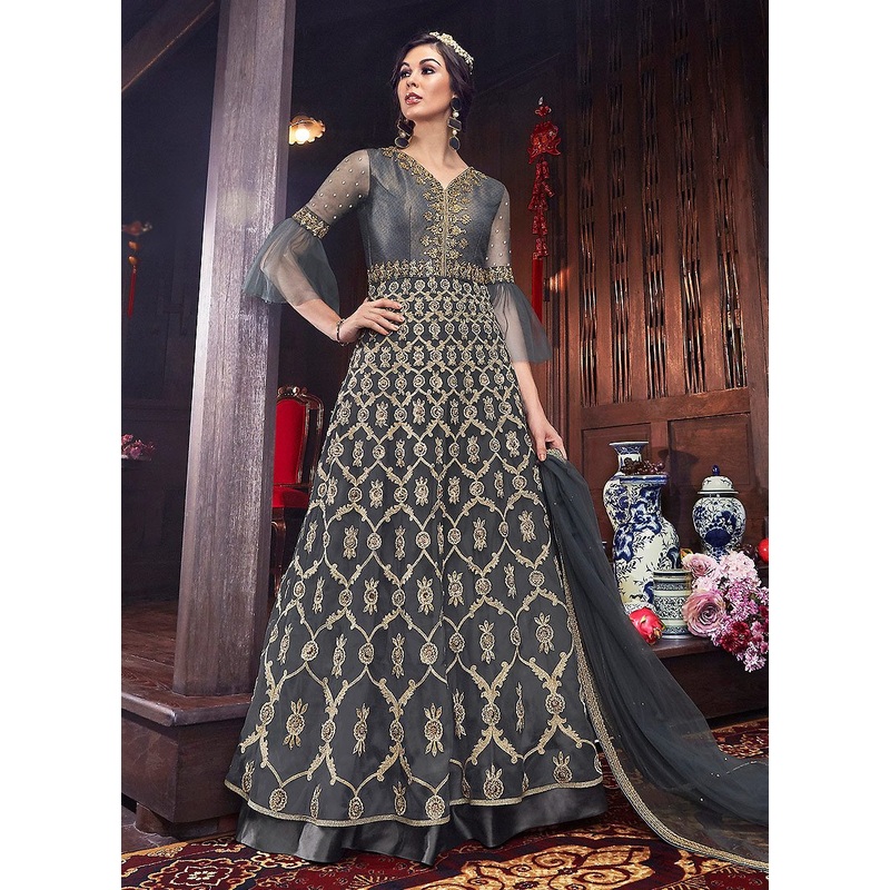 Dark Grey Embroidered Designer Party/Wedding Anarkali