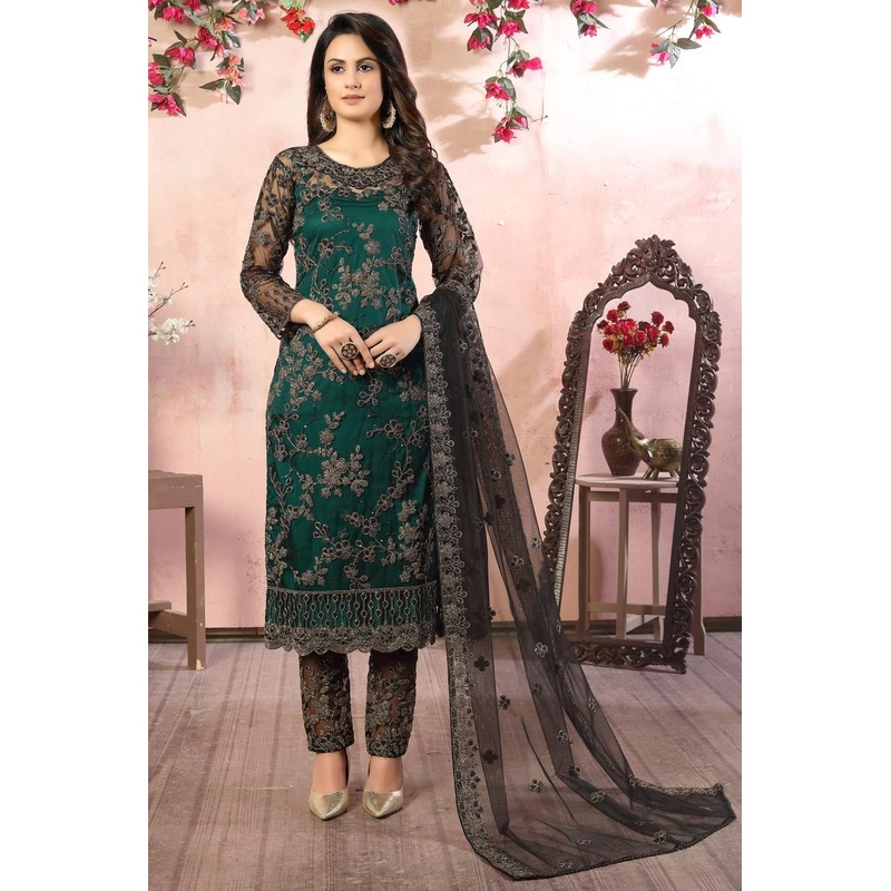 Dazzling Green Embroidered Net Pant Style Suit