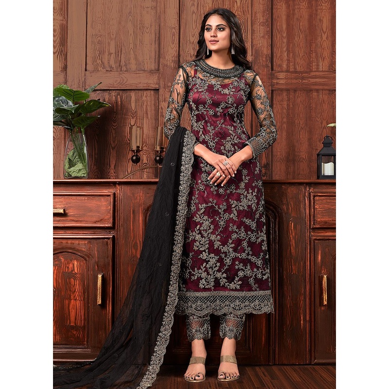 Dazzling Maroon Embroidered Straight Pant Salwar Suit