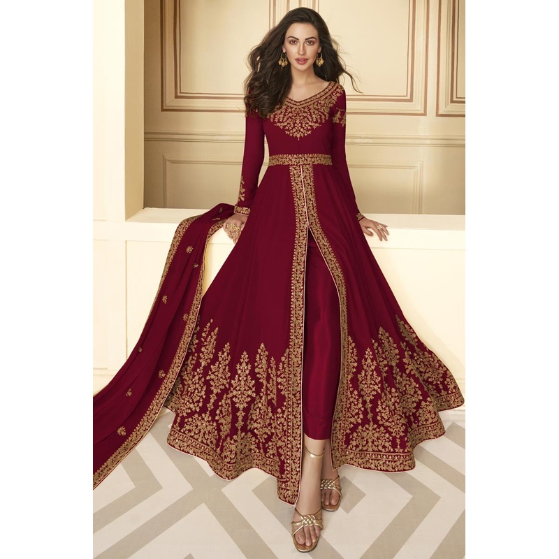 Dazzling Maroon Front Slit Party Wear Anarkali Suit