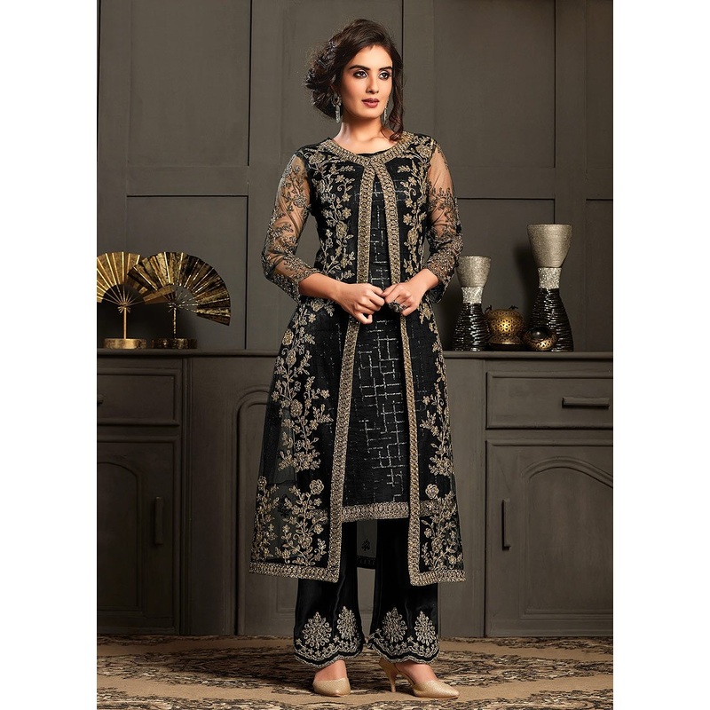 Delightful Black Embroidered Net Jacket Style Suit