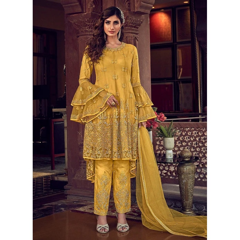 Delightful Yellow Embroidered Party Wear Sharara Suit