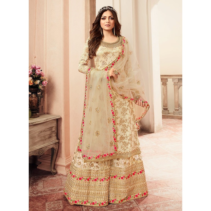 Desirable Cream Embroidered Designer Jacquard Sharara Suit