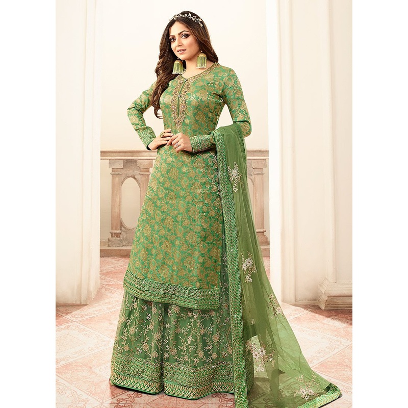 Dilettante Green Embroidered Designer Jacquard Sharara Suit