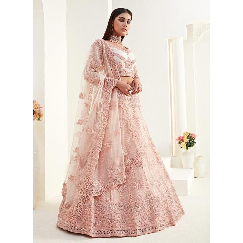 Dreamy Pink Net Embroidered Wedding Lehenga Choli
