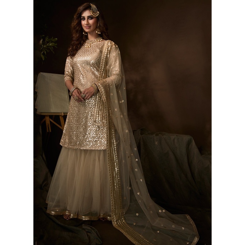 Dusky Beige Color Embroidered Designer Net Palazzo Suit