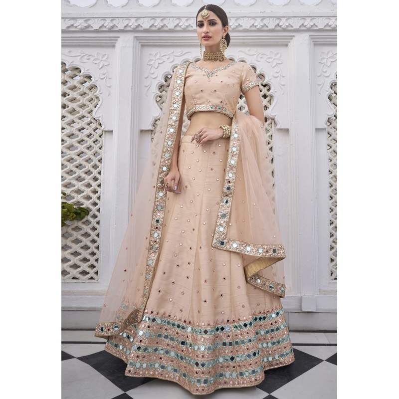 Elegant Peach Mirror Work Embroidered Wedding Lehenga Choli