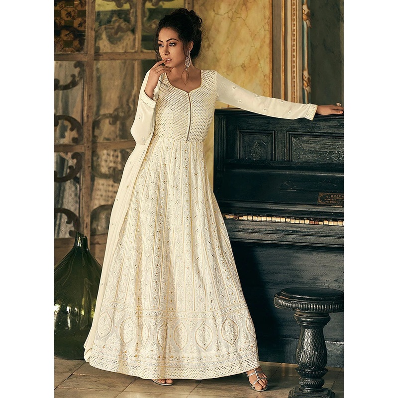 Elegant White Georgette Chikankari Embroidered Anarkali