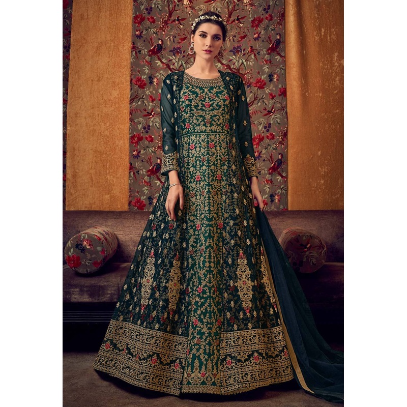 Enamoring Green Net Embroidered Designer Jacket Anarkali Suit