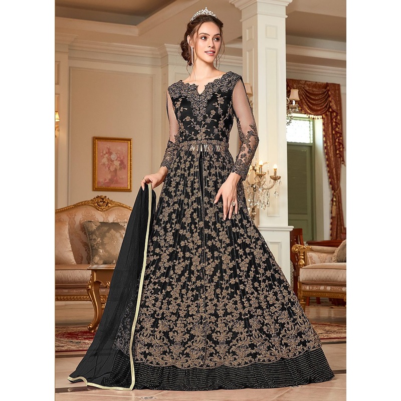Enchanting Black Embroidered Net Lehenga Style Anarkali Suit